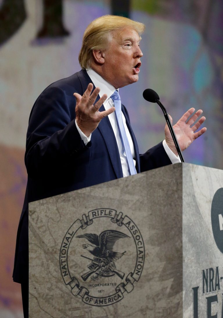 Donald Trump speaks at the National Rifle Association convention Friday, April 10, 2015, in Nashville, Tenn. (AP Photo/Mark Humphrey)