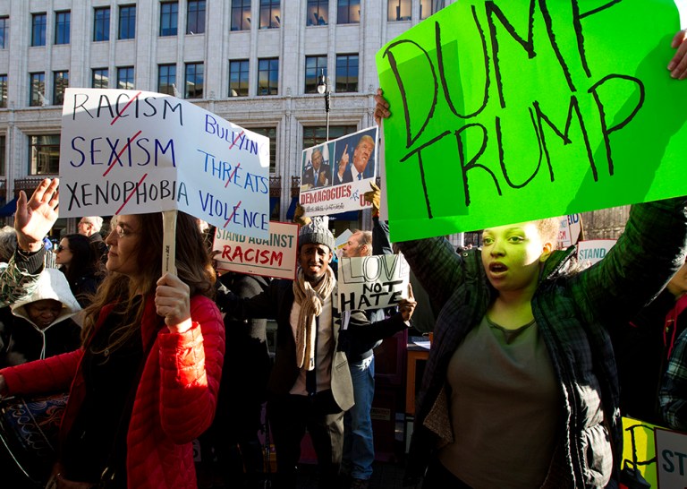 Protesters who gathered outside the Verizon Center during Trump's speech told the Washington Examiner they viewed Cruz as equally dangerous in comparison to Trump, if not more so. (AP Photo/Jose Luis Magana)