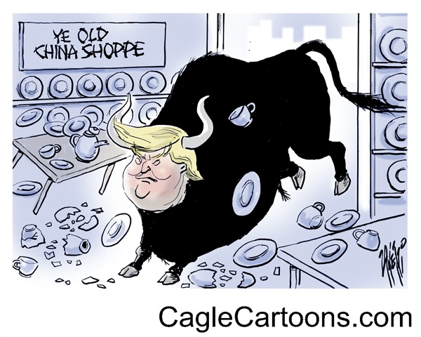 Editorial cartoon: A Trumpbull in a china shop