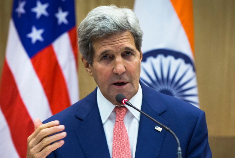 U.S. Secretary of State John Kerry speaks during a press conference addressed jointly with Indian Foreign Minister Sushma Swaraj in New Delhi, India, Thursday, July 31, 2014. This is Kerry's first visit to India following the resounding election win of Prime Minister Narendra Modi in May. (AP Photo/Lucas Jackson, Pool)