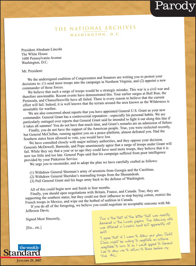 Letter to President Lincoln from congressmen protesting any surge of troops.