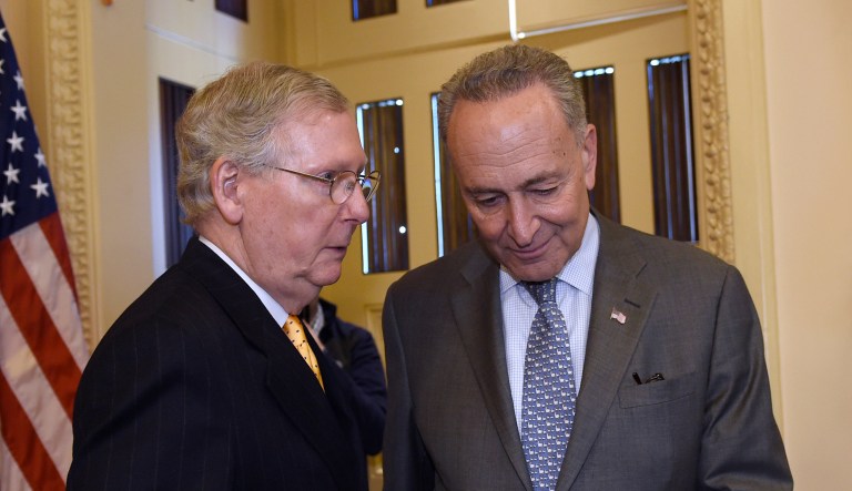 Chuck Schumer and Mitch McConnell gave brief remarks Wednesday. (AP Photo/Susan Walsh)