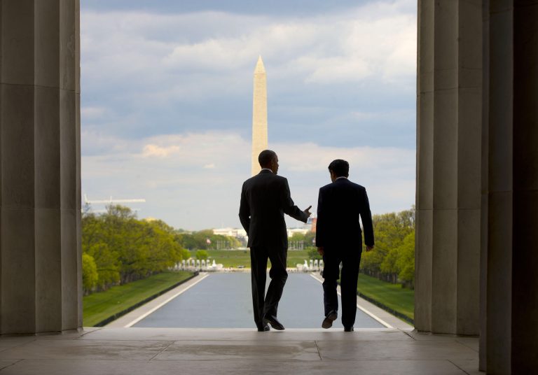President Obama and Japanese Prime Minister Shinzo Abe visited the Lincoln Memorial on the National Mall in Washington, Monday, April 27, 2015. (AP Photo/Pablo Martinez Monsivais)