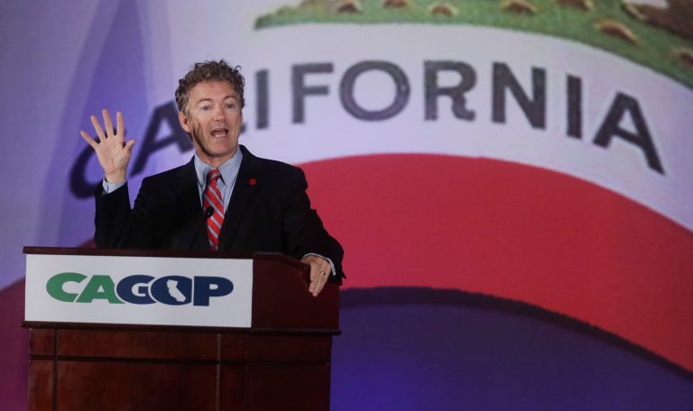Sen. Rand Paul (R-Ky.) speaks at the California GOP convention on Saturday, Sept. 20, 2014, in Los Angeles. Paul has sought a broader audience this year as he has aggressively traveled the country ahead of a potential presidential bid in 2016. (AP Photo/Chris Carlson)