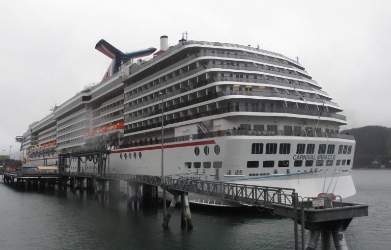   FILE - This May 2, 2013 file photo shows The Carnival Miracle docked in Juneau, Alaska. The nationâs largest cruise ship company will adopt technology from power plants and automobiles to reduce air pollution from the massive diesel engines powering its ships. In a tentative agreement reached Thursday with the Environmental Protection Agency (EPA), Carnival Corp. will deploy scrubbers to reduce sulfur dioxide and filters to trap soot on as many as 32 ships over the next three years. At port, ships will plug into the electrical grid, rather than idle, to reduce pollution. (AP Photo/Becky Bohrer, File)  