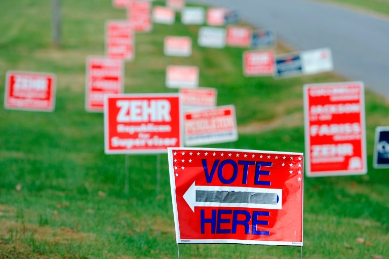 Campaign signs line the streets and direct voters to the polls at a church in Rustburg, Va., on Tuesday. Voters elected Democrat Terry McAuliffe to be the state's next governor. (AP Photo/News & Daily Advance, Sam O'Keefe)