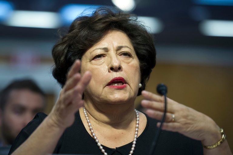Katherine Archuleta, director of OPM, testifies before the Senate Appropriations subcommittee on Financial Services and General Government hearings to review IT spending and date security at the Office of Personnel Management in Washington, Tuesday, June 23, 2015. (AP Photo/Cliff Owen)