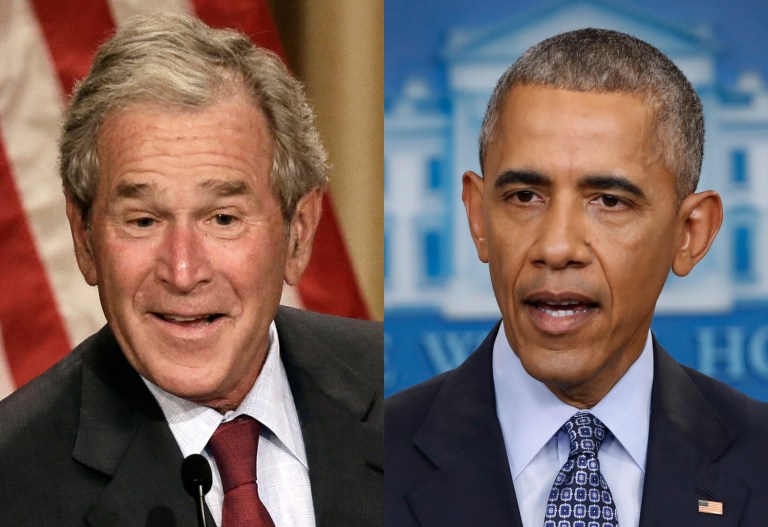 Eight years out Bush sits pretty with a 59 percent favorability rating and Obama's numbers are a bit better at 63 percent. (AP)