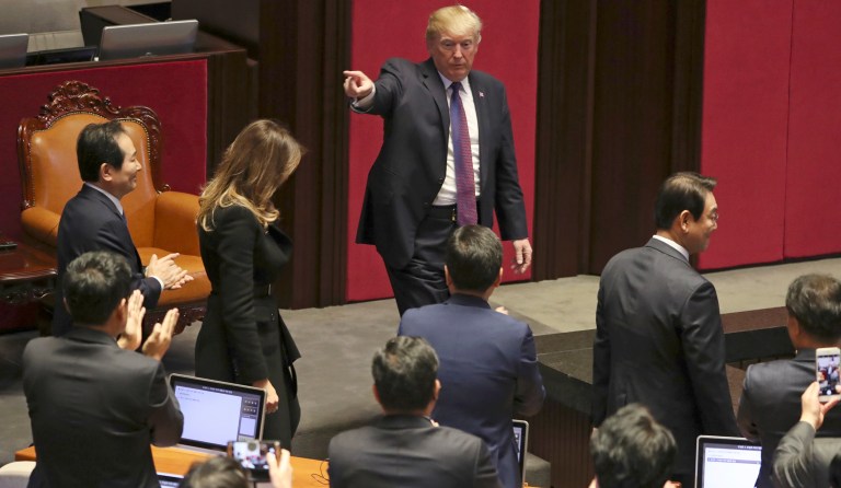 President Donald Trump addresses the South Korean National Assembly, Wednesday, Nov. 8, 2017, in Seoul, South Korea. Trump is on a five country trip through Asia traveling to Japan, South Korea, China, Vietnam and the Philippines. (AP Photo/Andrew Harnik)