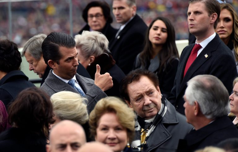 Donald Trump, Jr., left, and Eric Trump attend the presidential inauguration of their father Donald Trump on Capitol Hill in Washington, Friday, Jan. 20, 2017. (Saul Loeb/Pool Photo via AP)
