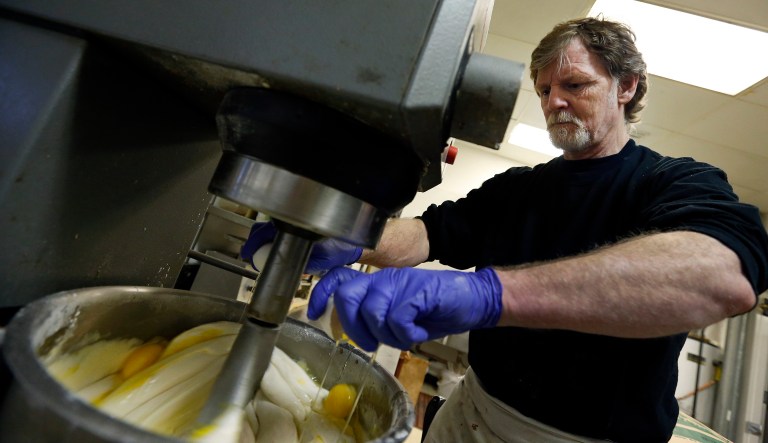 At issue in Masterpiece is the constitutionality of Colorado's public accommodations law forcing cake baker Jack Phillips to create speech that defies his religious beliefs by making a cake for a gay wedding. (AP Photo/Brennan Linsley)
