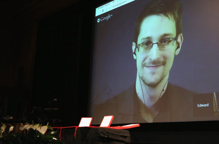 Former National Security Agency contractor turned whistleblower Edward Snowden speaks during a video conference at an award ceremony for the Carl von Ossietzky journalism prize on December 14, 2014 in Berlin, Germany. (Getty)