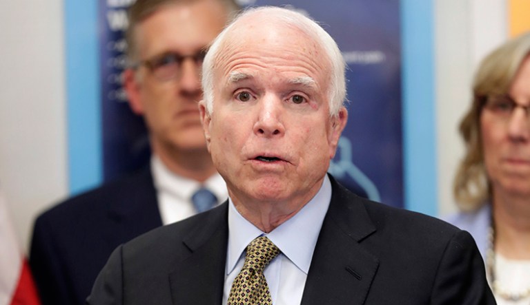 Sen. John McCain, R-Ariz., said Tuesday that President Trump's positive statements about dictators and strongmen are a stark departure from American values. (AP Photo/Matt York)