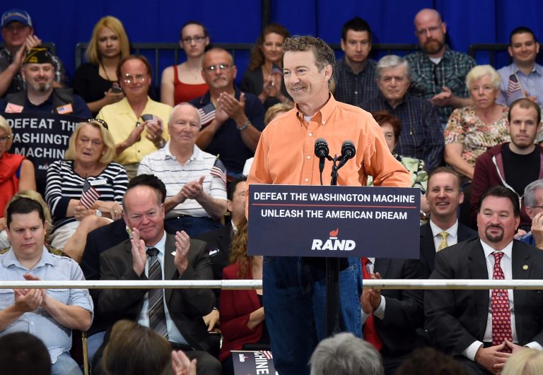 Republican presidential candidate U.S. Sen. Rand Paul, R-Ky., speaks during a rally at the Desert Vista Community Center on April 11, 2015 in Las Vegas, Nev.Â Paul's campaign believes the caucus positions the Kentuckian to win Nevada.Â (Photo by Ethan Miller/Getty Images)