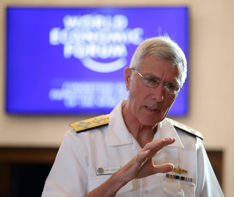 U.S. Pacific Command Commander Adm. Samuel J. Locklear III, gestures prior to the session on 