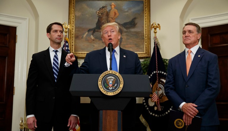 No sooner had President Trump embraced the Reforming American Immigration for a Strong Economy Act sponsored by Sens. Tom Cotton, R-Ark., and David Perdue, R-Ga., than the predictable eruption of false and deceptive claims spewed forth from every direction. (AP Photo/Evan Vucci)
