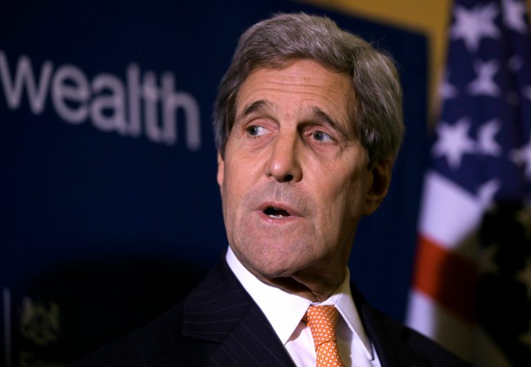 U.S. Secretary of State John Kerry makes a statement at Lancaster House in London during an international meeting on defeating the Islamic State of Iraq and Syria, hosted by British Foreign Secretary Philip Hammond on Thursday Jan. 22, 2015. (AP Photo/Stefan Rousseau/PA)