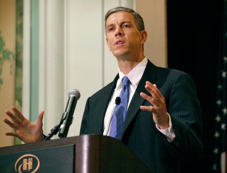 Secretary of Education Arne Duncan announced Maryland will receive $6.8 million to help improve its lowest-performing schools. (AP Photo/Scholastic, Stuart Ramson)