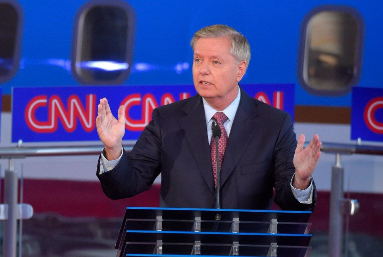 Republican presidential candidate Sen. Lindsey Graham, R-S.C., appears during the CNN Republican presidential debate at the Ronald Reagan Presidential Library and Museum on Wednesday, Sept. 16, 2015, in Simi Valley, Calif. (AP Photo/Mark J. Terrill)