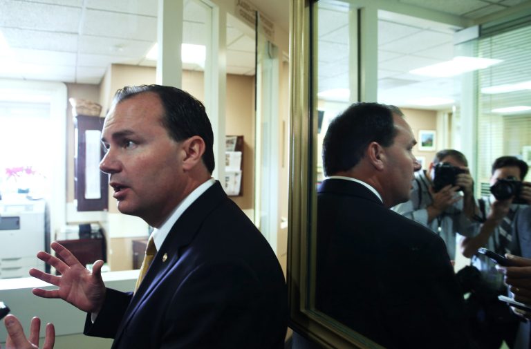 Sen. Mike Lee, R-Utah, speaks to reporters after a news conference on Capitol Hill, February 6, 2014 in Washington. (Photo by Mark Wilson/Getty images)