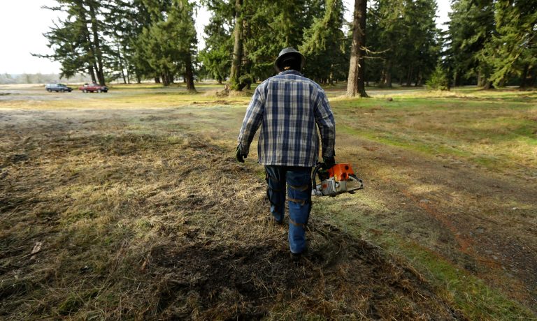 Tom Edwards walks back to his truck after posing for a portrait with his chain saw and logging clothes on Dec. 19 in the woods near Spanaway, Wash. Edwards was not cutting trees the day the photo was taken, and work has been slow this season for him. Despite working as a logger all his life, he is pessimistic about his chances of ever retiring, an opinion common among blue-collar baby boomers in the U.S. (AP Photo/Ted S. Warren)