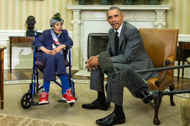 President Barack Obama meets with Emma Didlake, 110, of Detroit, the oldest known World War II veteran, in the Oval Office of the White House on July 17, 2015. (AP Photo/Evan Vucci, File)