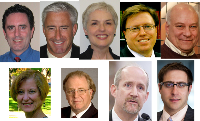 Top row, left to right: Steven Aftergood, Christopher C. Horner, Patrice McDermott, Jason Stervak, Gary Bass. Bottom row, left to right: Anne Weismann, Gene Policinski, Jim Harper and Daniel Epstein.
