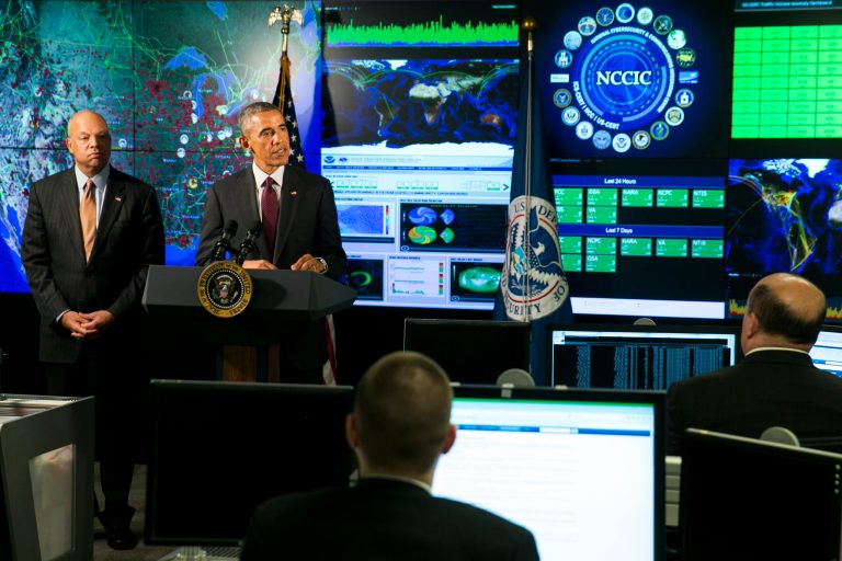 President Obama delivers remarks at the National Cybersecurity and Communications Integration Center (NCCIC) on January 13, 2015 in Arlington, Va. (Photo by Kristoffer Tripplaar-Pool/Getty Images)