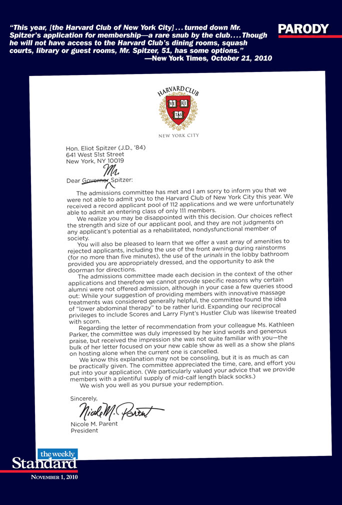 Harvard Club Writes a Rejection Letter to Eliot Spitzer