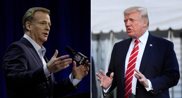 NFL Commissioner Roger Goodell answers questions during a news conference for the Super Bowl 51 football game, in Houston. At right, President Trump tells reporters that players 