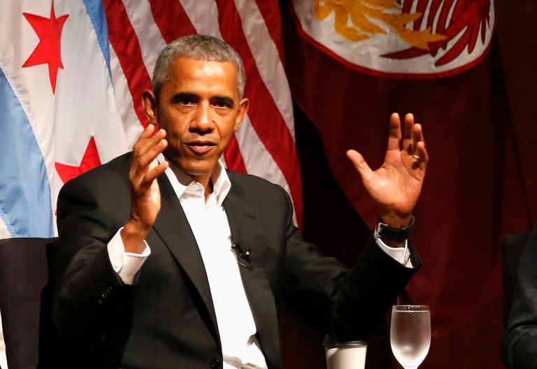 Former President Barack Obama hosts a conversation on civic engagement and community organizing, Monday, April 24, 2017, at the University of Chicago in Chicago. It's the former president's first public event of his post-presidential life in the place where he started his political career. (AP Photo/Charles Rex Arbogast)