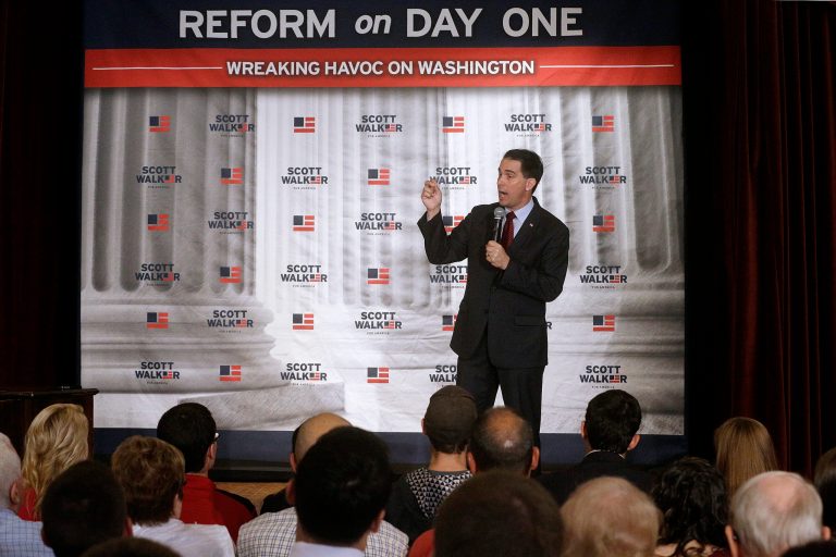 Scott Walker once had a strong lead on the crowded GOP field in neighboring Iowa but has fallen to 10th place in the latest polls. (AP photo)Â 
