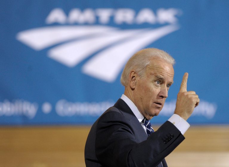 Vice President Joe Biden speaks to an audience gathered during an Amtrak Siemens ACS-64 Cities Sprinter electric locomotive unveiling, on Thursday in Philadelphia. (Michael Perez/AP Images)