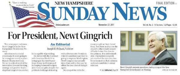 New Hampshire Union Leader endorses Gingrich