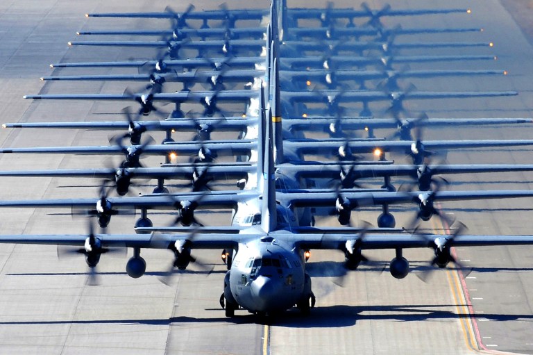 In this Image provided by the U.S. Air Force a row of C-130 Hercules aircraft taxi on Nellis Air Force Base, Nev., Wednesday Nov. 18, 2009. (AP Photo/US Air Force - Airman 1st Class Stephanie Rubi)
