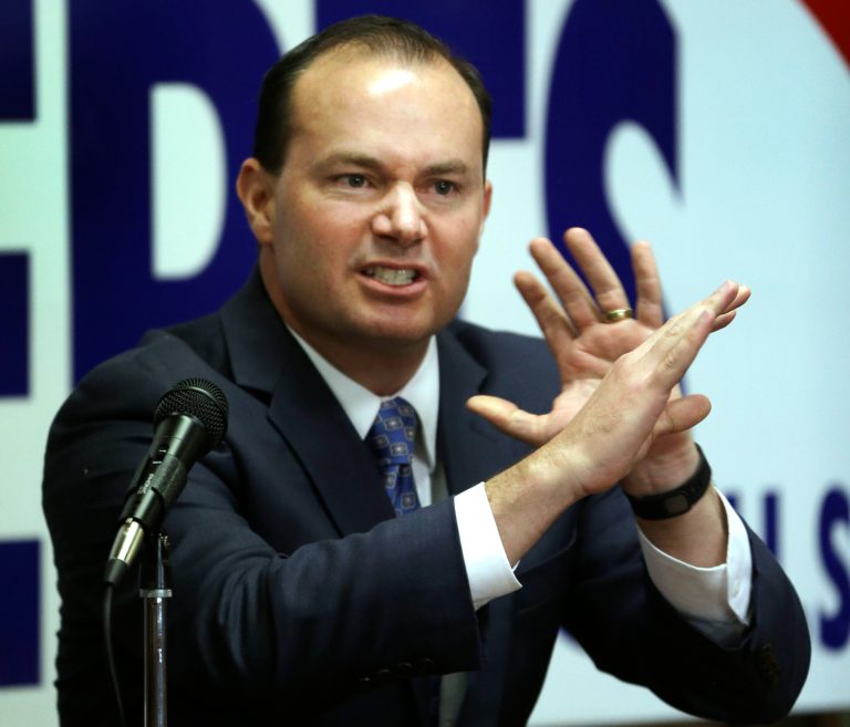 Sen. Mike Lee, R-Utah speaks in support of Sen. Pat Roberts during a campaign stop in Leavenworth, Kan., Thursday, Oct. 30, 2014. Roberts is locked in a tough contest with independent candidate Greg Orman. (AP Photo/Orlin Wagner)
