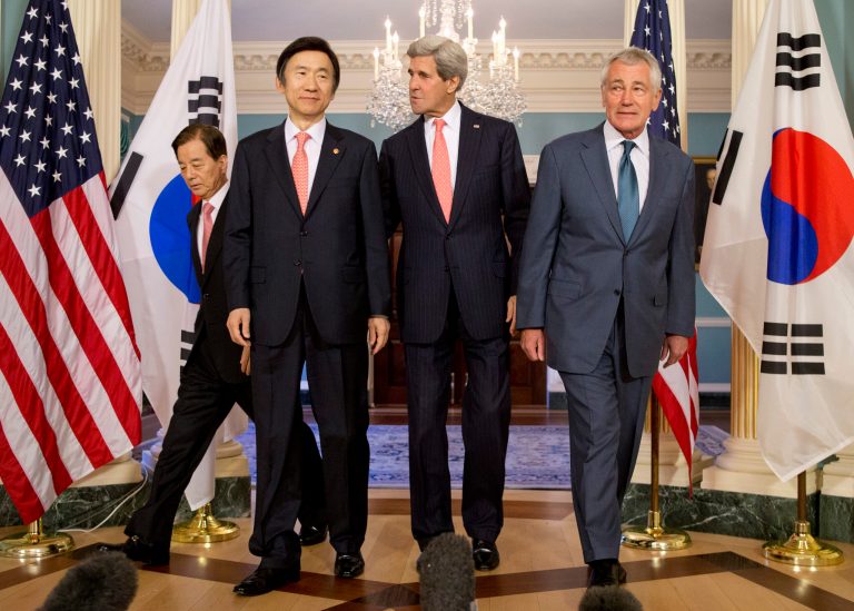 From left, Korean National Defense Minister Han Min-Koo, Korean Foreign Minister Yun Byung-se, Secretary of State John Kerry, and Defense Secretary Chuck Hagel, arrive to speak to media at the State Department in Washington, Friday. Kerry and Hagel co-host the 2+2 Ministerial. (AP Photo/Carolyn Kaster)