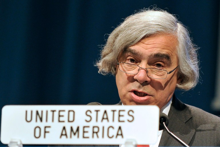 Secretary of Energy Ernest Moniz speaks during the general conference of the International Atomic Energy Agency at the International Center in Vienna, Austria, on Sept. 16. (AP Photo/Hans Punz)