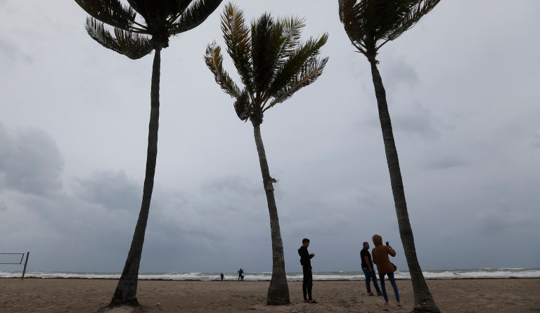 People stand next to palm trees as they look at churning waves and high winds along Hollywood Beach, Fla., on Saturday, Sept. 9, 2017. (AP Photo/Wilfredo Lee)