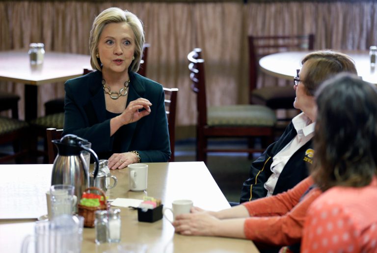 Democratic presidential candidate Hillary Rodham Clinton, left, visits with local residents at The Tremont, Wednesday, April 15, 2015, in Marshalltown, Iowa. (AP Photo)Â 
