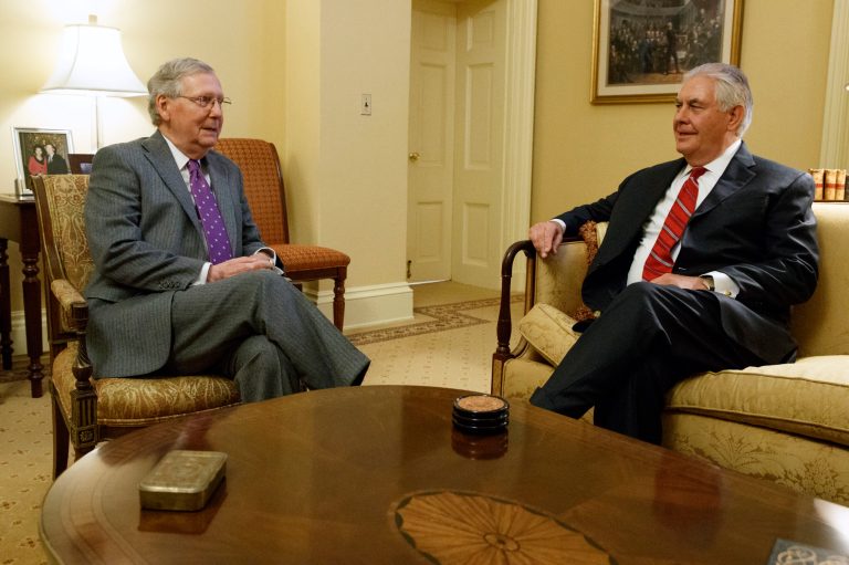 Senate Majority Leader Mitch McConnell of Ky., left, meets with Secretary of State-designate Rex Tillerson, on Capitol Hill in Washington, Wednesday, Jan. 4, 2017. (AP Photo/Evan Vucci)