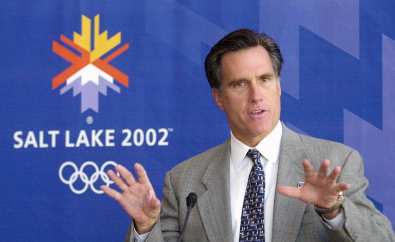 Mitt Romney, then-president of the Salt Lake Organizing Committee, makes a ticket announcement in October 2001. (AP Photo/Douglas C. Pizac, File)