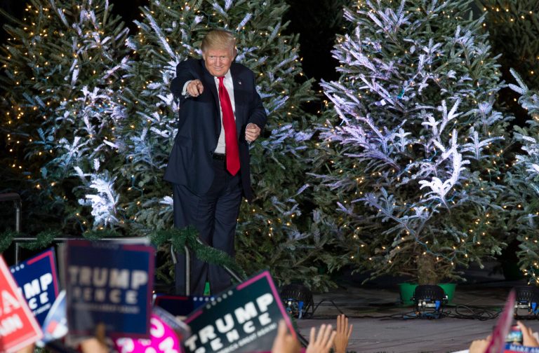 President-elect Trump points into the audience after a rally in Orlando, Fla., Friday, Dec. 16, 2016. (AP Photo/Willie J. Allen Jr.)