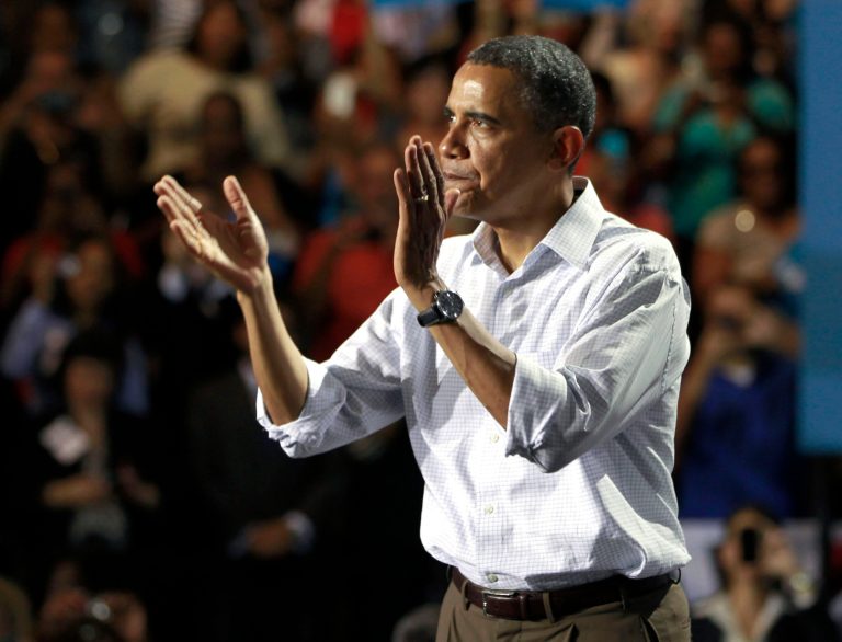 President Barack Obama applauds supporters after speaking at a campaign event Saturday, Sept. 8, 2012, in Kissimmee, Fla. (AP Photo/John Raoux)