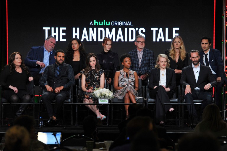 (Front Row L-R) Cast members Ann Dowd, O-T Fagbenle, Alexis Bledel, Samira Wiley, Elisabeth Moss and Joseph Fiennes, (Back Row L-R) Executive Producer Bruce Miller, Director/Executive Producer Reed Morano, cast member Madeline Brewer, Executive Producer Warren Littlefield and cast members Yvonne Strahovski and Max Minghella attend 
