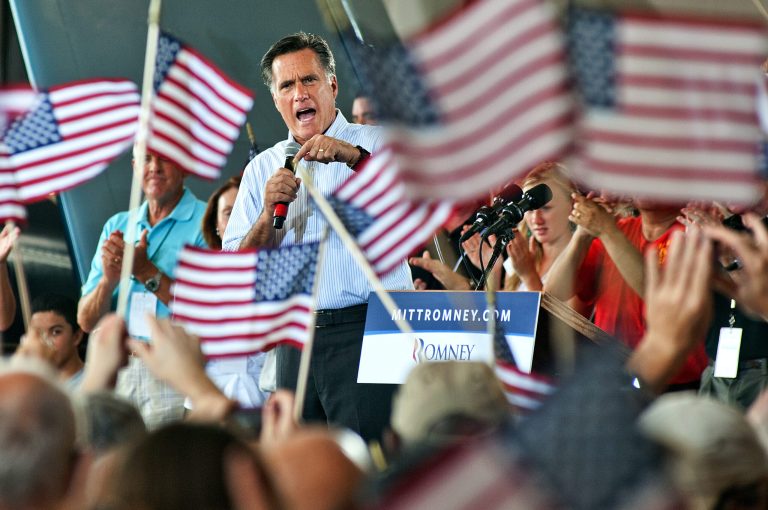 Republican presidential nominee Mitt Romney addresses the audience at a Victory Rally with the GOP team at the Military Aviation Museum in Virginia Beach, Va, Saturday, September 8, 2012.  (AP Photo/Rich-Joseph Facun)
