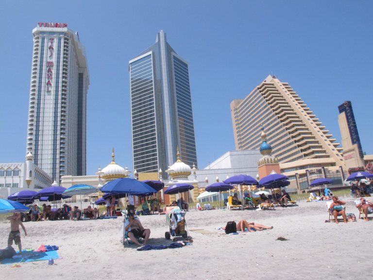 FILE - This July 23, 2014 photo shows the Trump Taj Mahal Casino Resort, left, and the Showboat casino Hotel in Atlantic City N.J.  A Delaware bankruptcy judge on Friday, Oct. 3, 2014,  denied a request by Trump Entertainment Resorts to be relieved of its pension obligations under a collective bargaining agreement with union workers at the Taj Mahal casino in Atlantic City. (AP Photo/Wayne Parry)