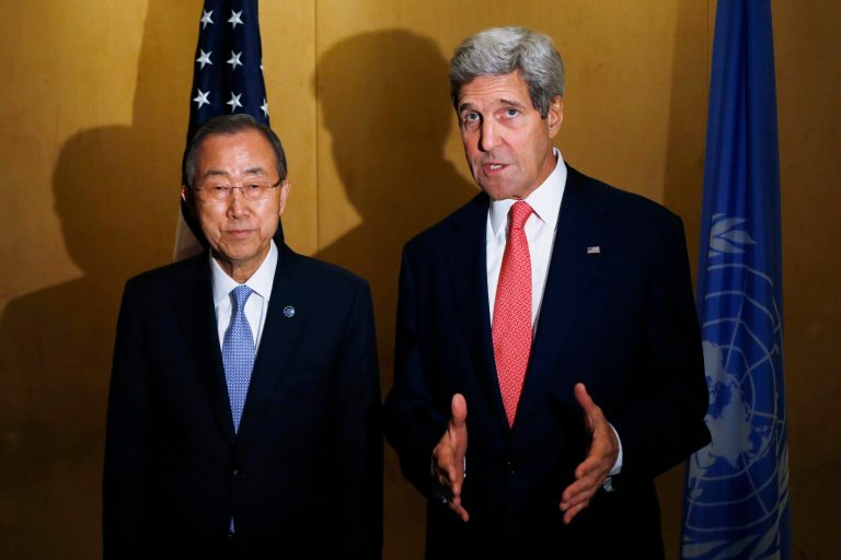 Secretary of State John Kerry and U.N. Secretary General Ban Ki-Moon make statements to reporters in Cairo, Egypt, Monday, July 21, 2014. Kerry has returned to the Middle East as the Obama administration attempts to bolster regional efforts to reach a cease fire and sharpens its criticism of Hamas in its conflict with Israel. (AP Photo/Charles Dharapak, Pool)