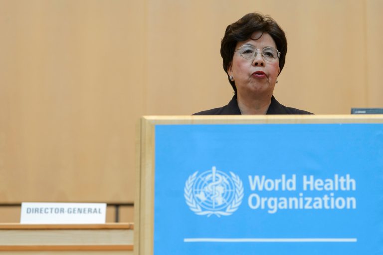 China's Margaret Chan, director-general of the World Health Organization, speaks during the opening of the 68th World Health Assembly at the European headquarters of the United Nations in Geneva, Switzerland, Monday, May 18, 2015. (Jean-Christophe Bott/Keystone via AP)