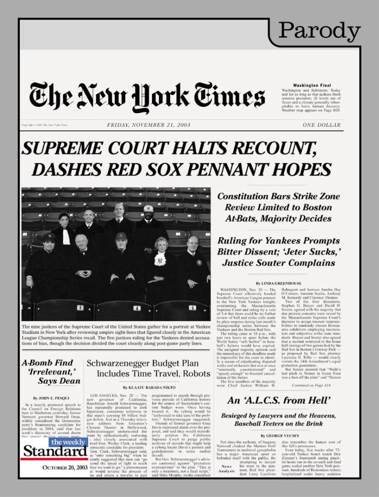 “Supreme Court dashes Red Sox pennant hopes.”